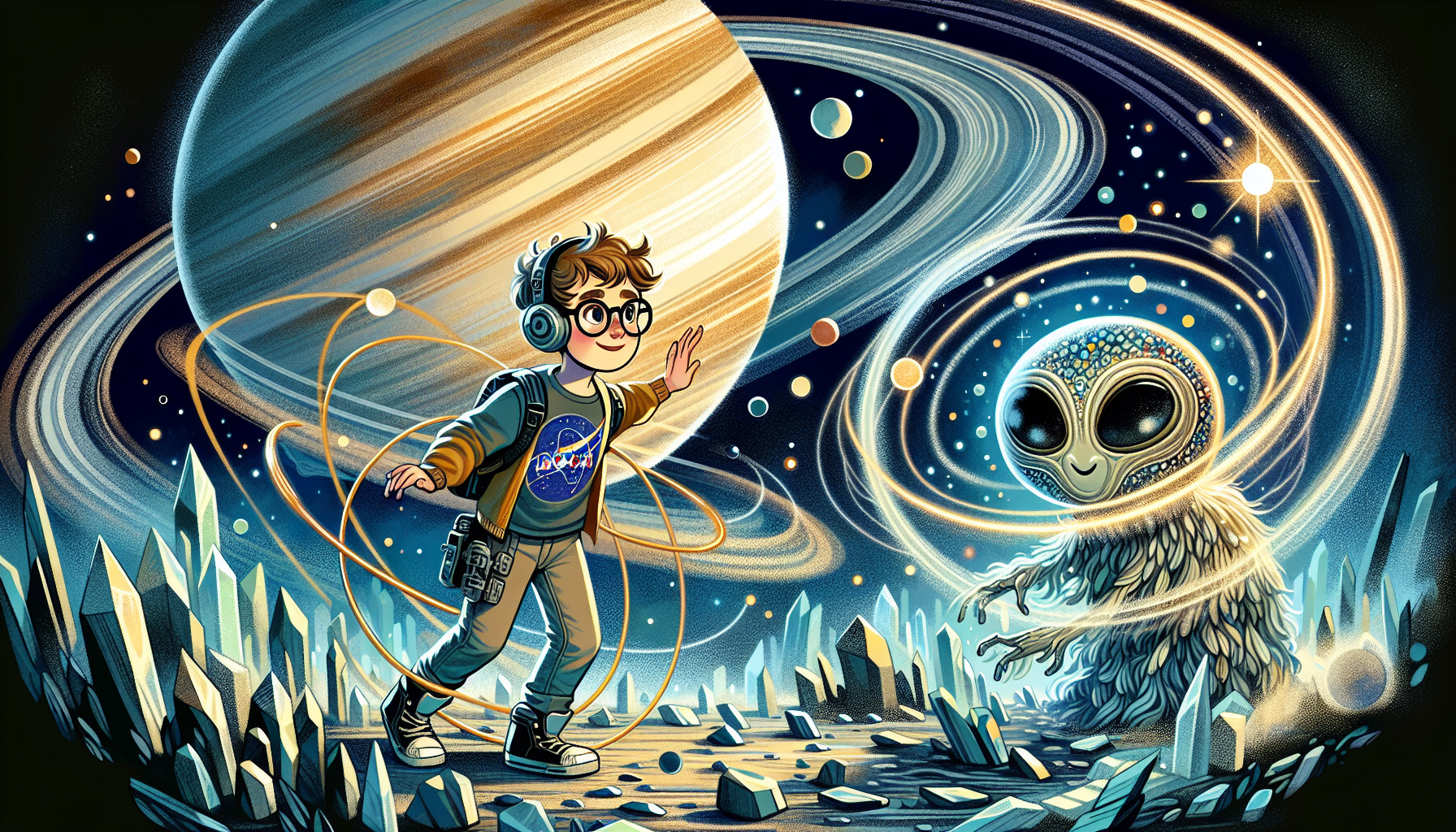 Zack navigating through Saturn's rings with Ringy twirling beside him.
