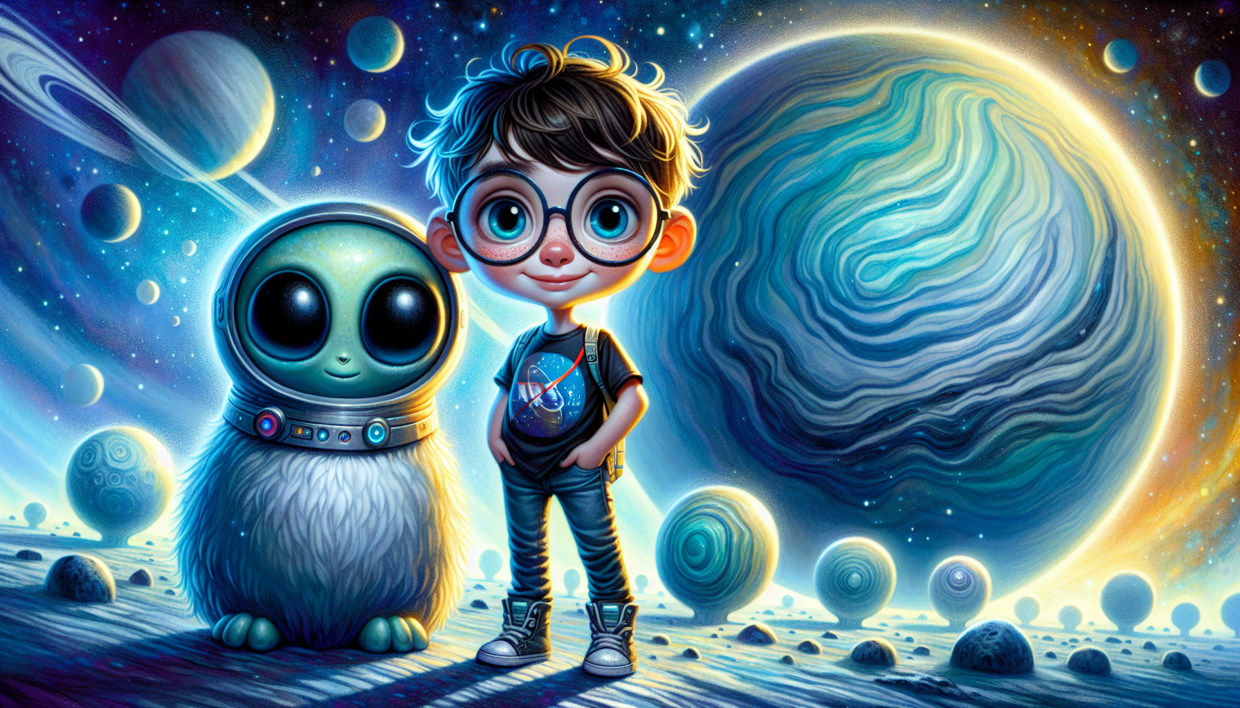Zack meeting Tilt on the pale blue-green planet Uranus.