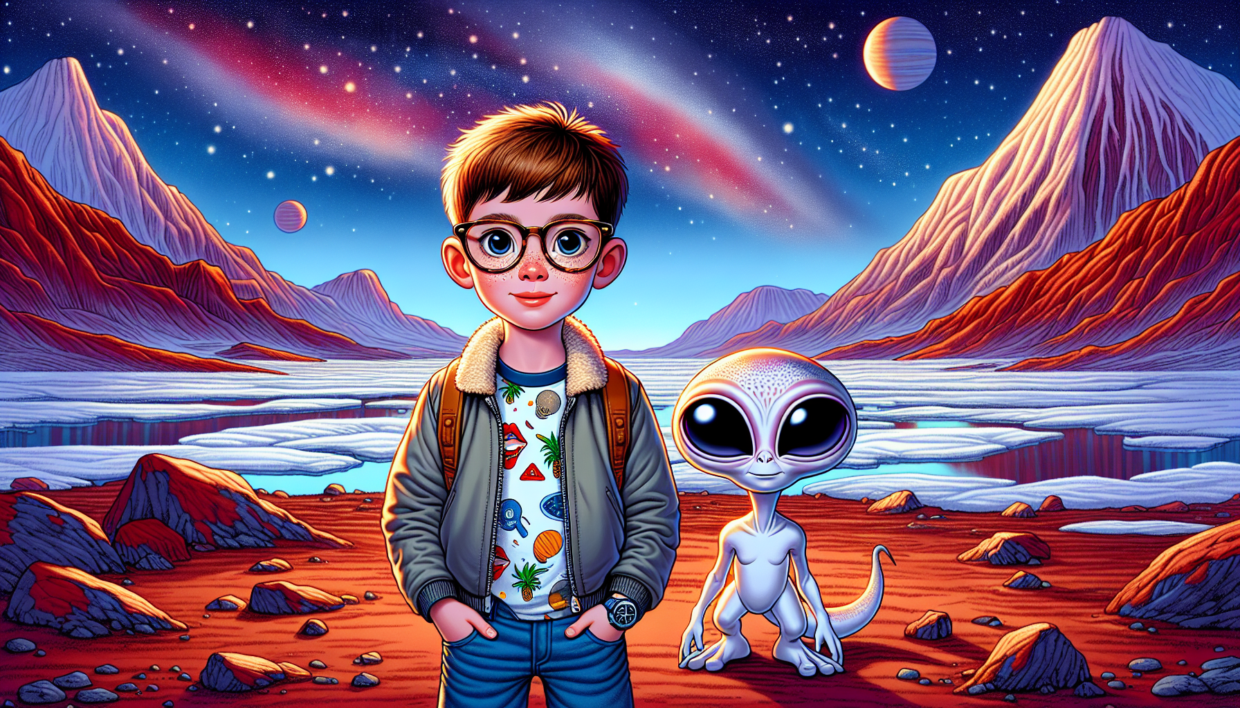 Zack meeting Charon on Pluto's icy plain with water ice mountains in the distance.