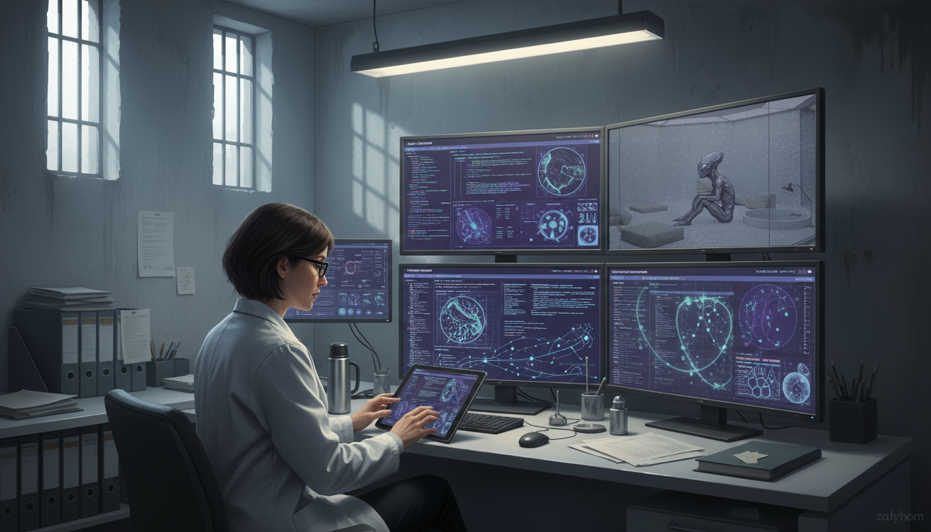 Dr. Lindholm working in laboratory with observation chamber visible