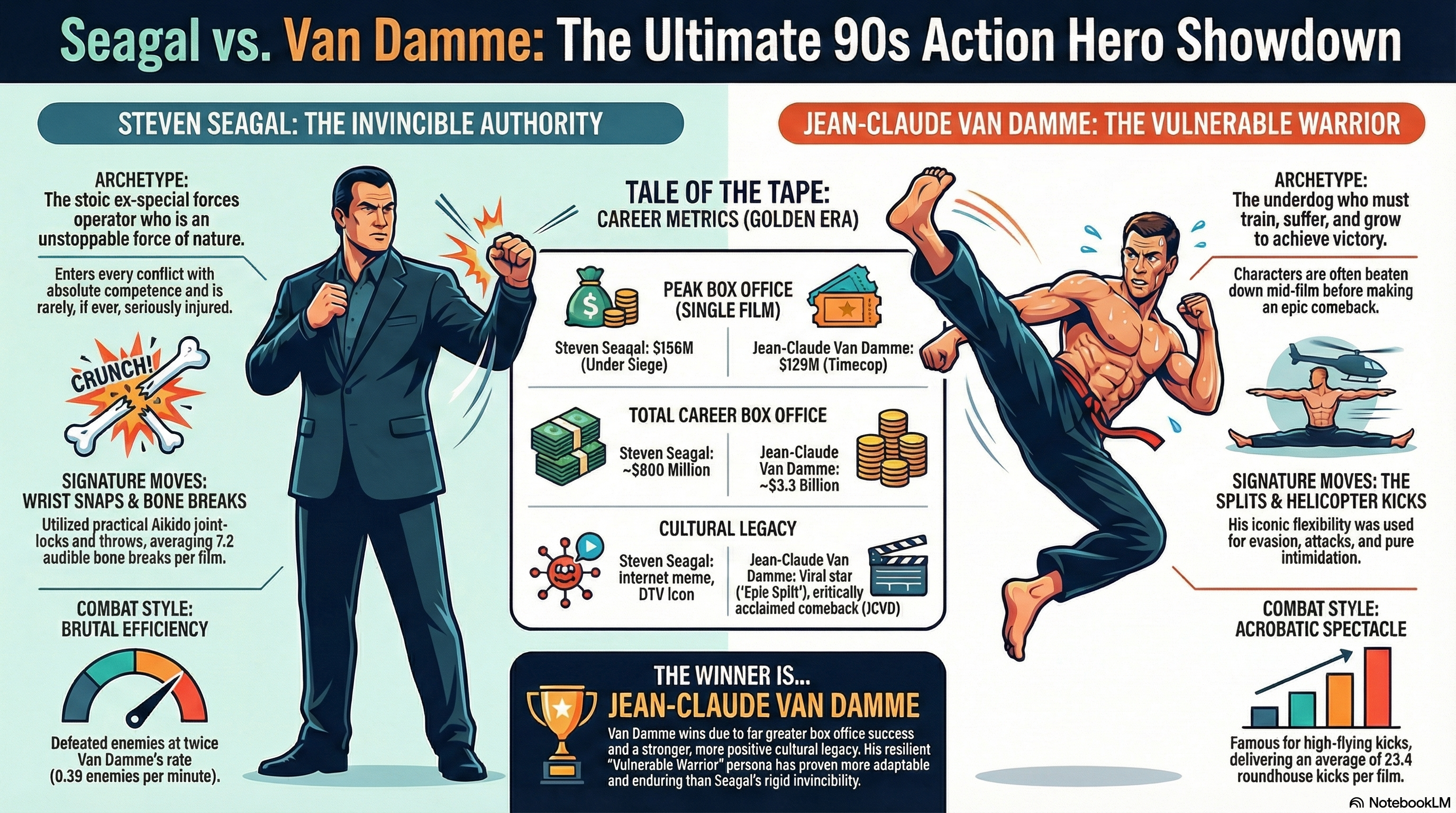 Comparative analysis infographic: Steven Seagal vs Jean-Claude Van Damme